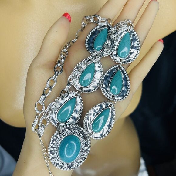 Bib Statement Hammered Style Silver Faux Turquoise Y Necklace PRETTY 4063 - Picture 7 of 10